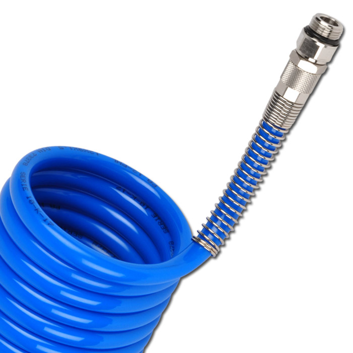 Spiral hose polyamide with strain relief spring and threaded